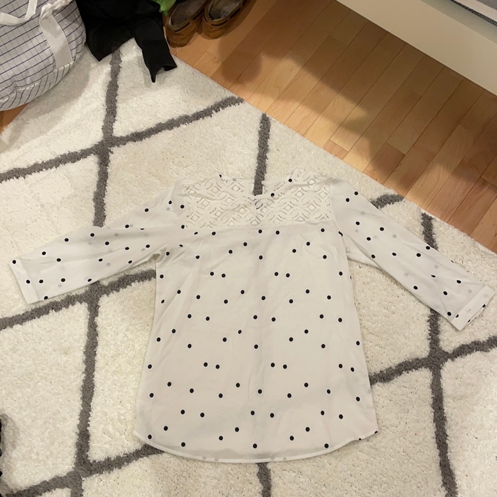 white 3/4 sleeve blouse with navy blue polka dots